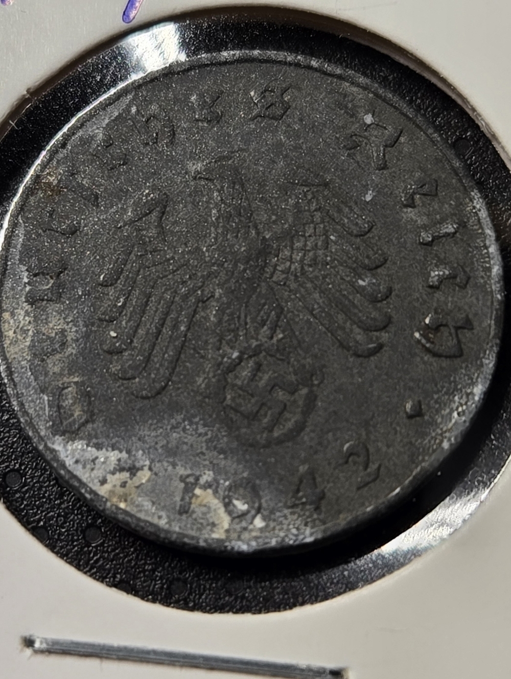 Vintage 1942 Germany Third Reich 10 Reichspfennig Coin WWII - Dark Grey Tone